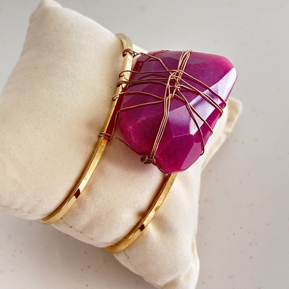 Wire Wrapped Pink Agate Stone Cuff Bracelet Gold Tone Bracelet - Picture 7 of 9